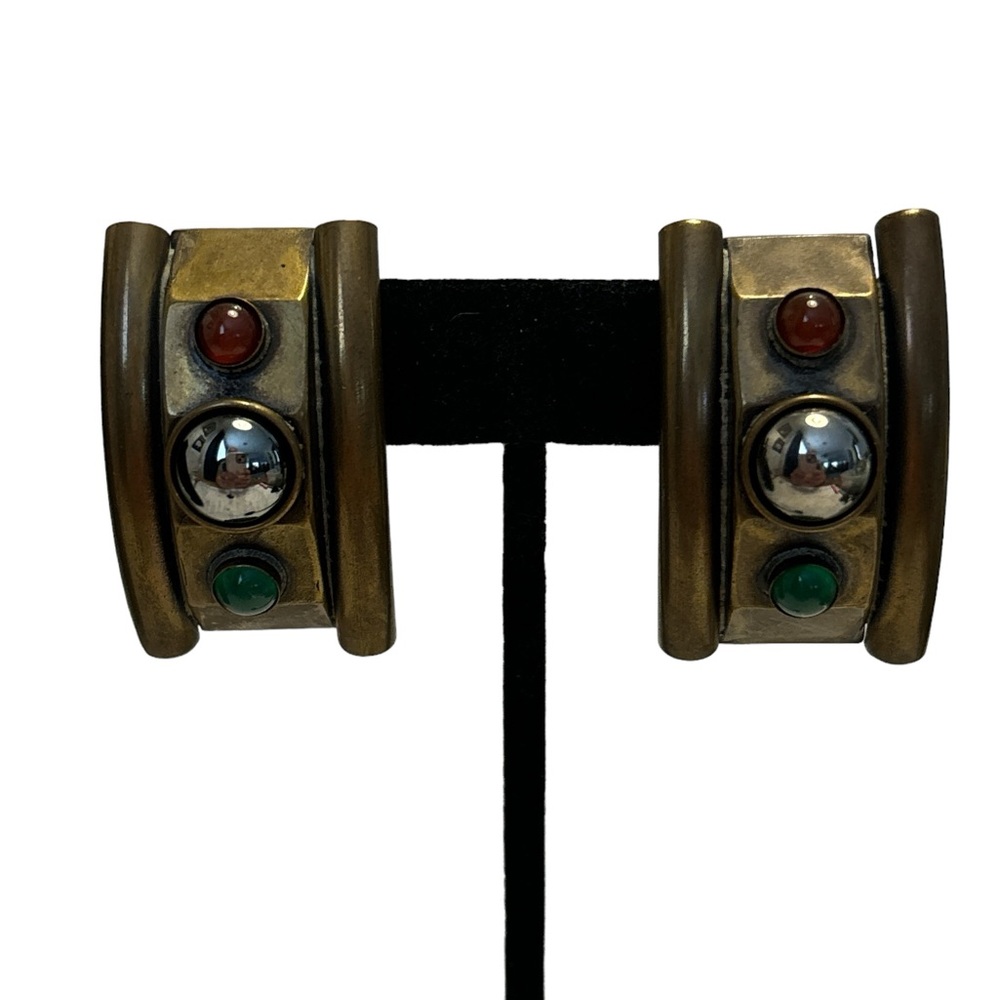 Marjorie Baer Brass Red & Green Glass Cabs Clip Earrings 1-1/2”